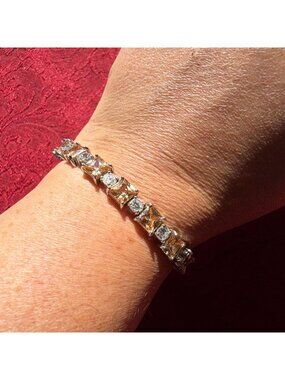 Vintage Sterling Silver 925 Champagne Citrine Yellow CZ Tennis Link Bracelet 7.5